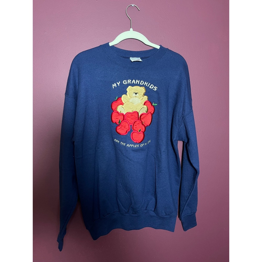 Vintage Hanes ComfortBlend Navy Sweatshirt Grandkids Apples Bear Embroidered